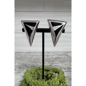 Vintage Sterling Silver Taxco Mexico Onyx Inlay Triangle Clip On Earrings